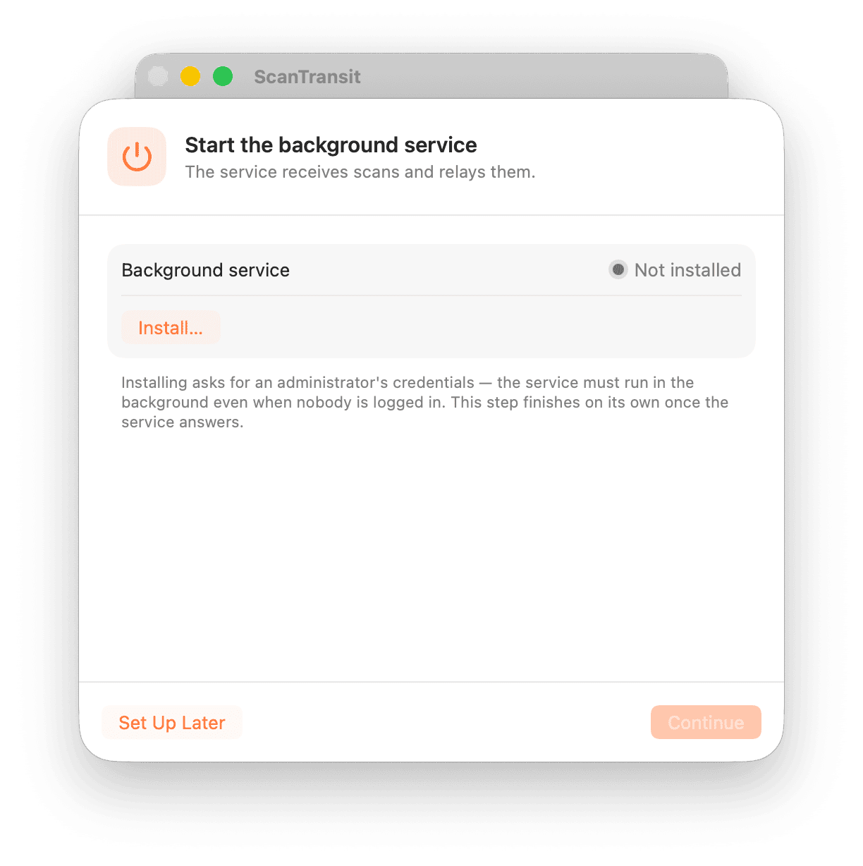 Start the background service screen, with an Install button next to the "Not installed" status