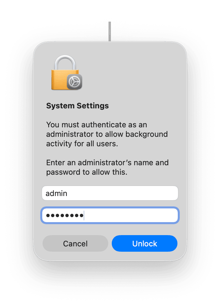 macOS System Settings prompt asking for an administrator's name and password to allow background activity