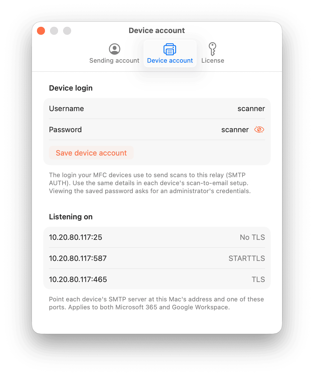 Device account tab with the device password revealed after administrator authentication